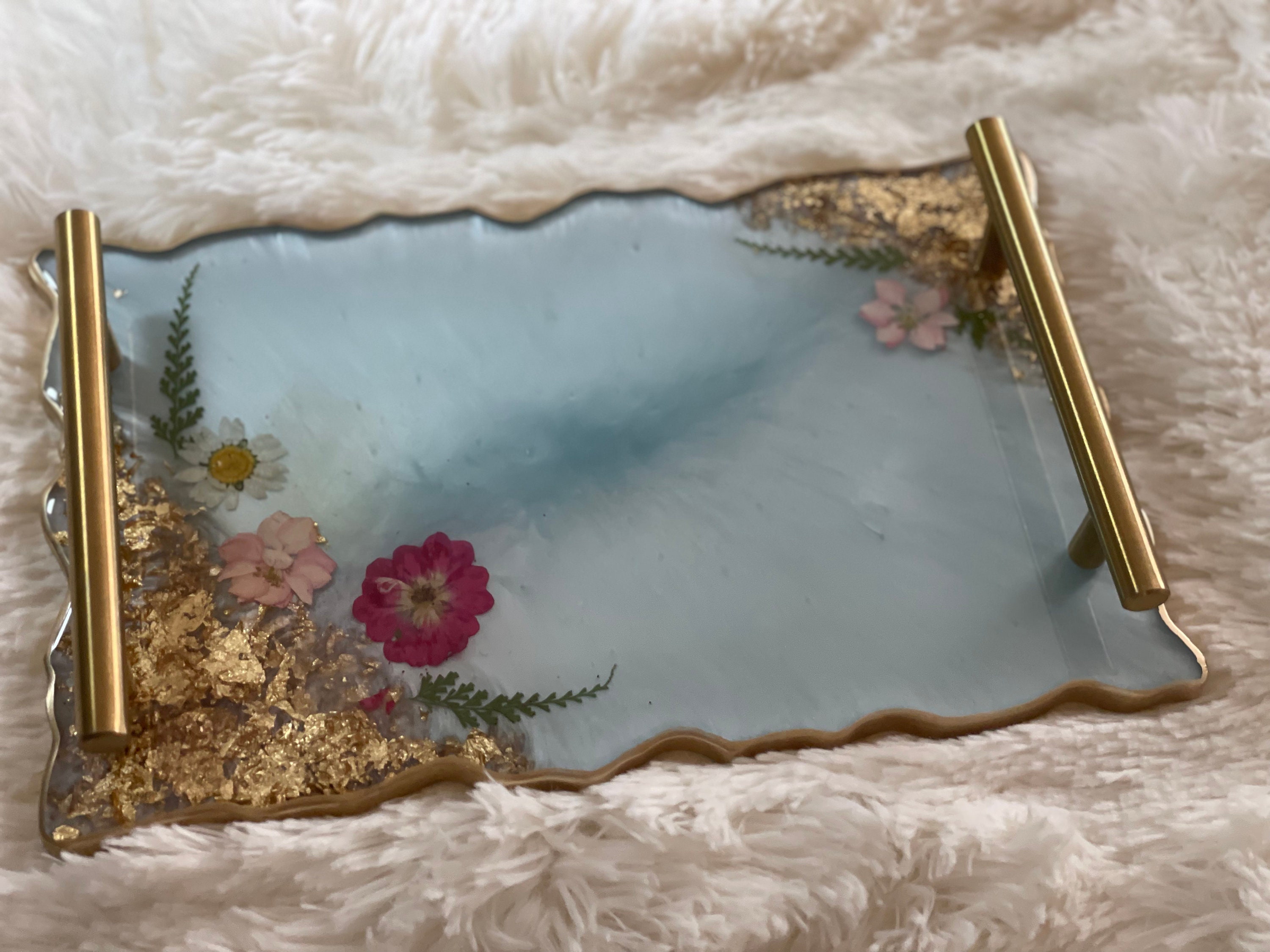 Light Blue Floral Resin Tray Tray With Handles Serving Tray Etsy UK