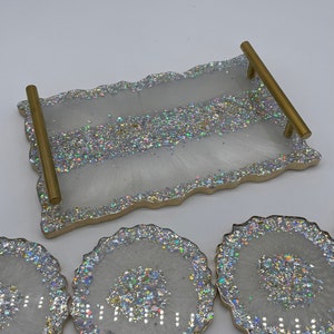 Sparkle Resin tray, tray with handles,Serving tray, White sparkly resin tray with coasters, Gift for Mom, Anniversary gift, Birthday gift