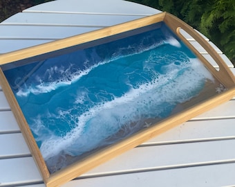 Ocean Tray, Beach tray, Ocean serving tray, Wooden serving tray, Bamboo Tray with handles, Resin and wood, Anniversary gift, Birthday gift,