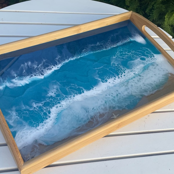 Ocean Tray, Beach tray, Ocean serving tray, Wooden serving tray, Bamboo Tray with handles, Resin and wood, Anniversary gift, Birthday gift,