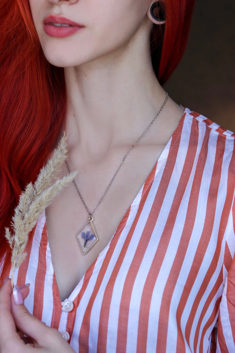 Natural Flower in Diamond Silver Frame Lobelia Blue Flower Resin Pendant