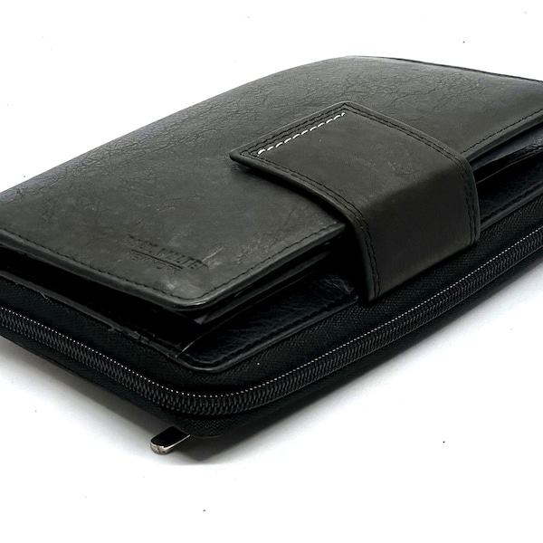 Black Leather Checkbook Credit Card Organizer Fan Open Zip Secretary Wallet