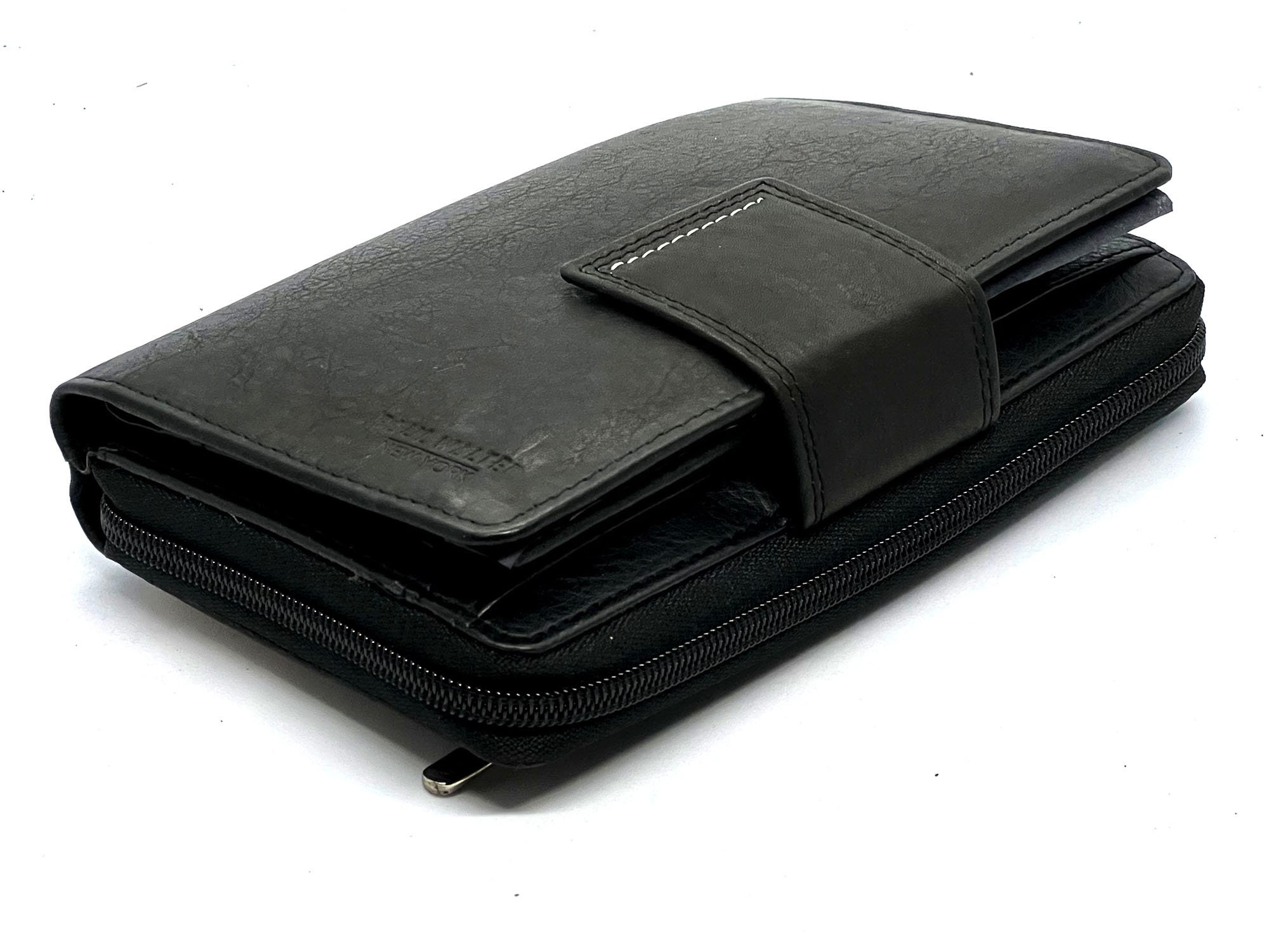 Black Leather Checkbook Credit Card Organizer Fan Open Zip Secretary ...