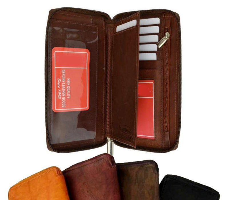Genuine Leather ID Credit Card Checkbook Wallet ID Holder Zip Around for Men or Women