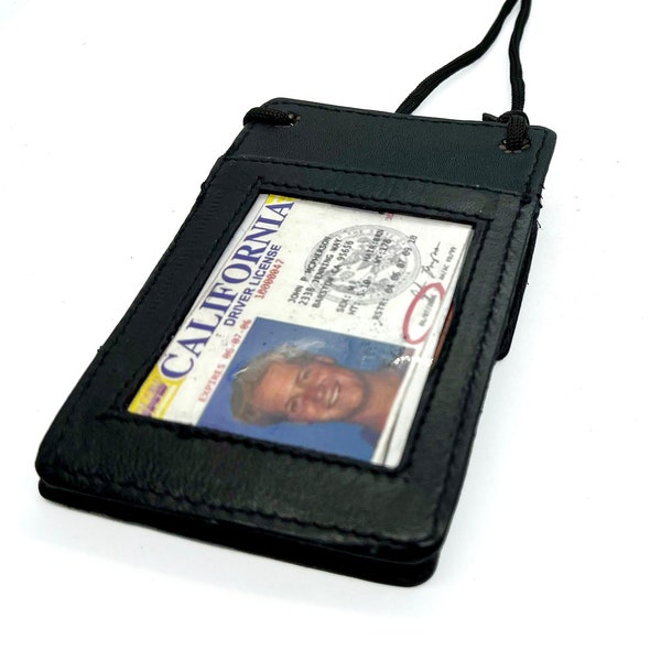 RFID Blocking Genuine Leather ID Badge Holder Credit Card Wallet with Lanyard Adjustable Neck Strap