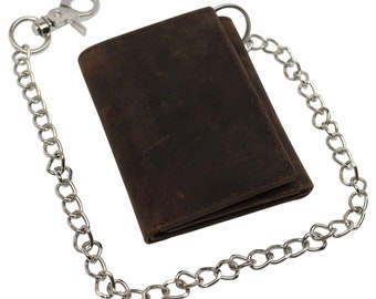 Hunter Brown Vintage Leather Bifold Hipster Biker's Wallet Steel Chain Trucker Motorcyclist