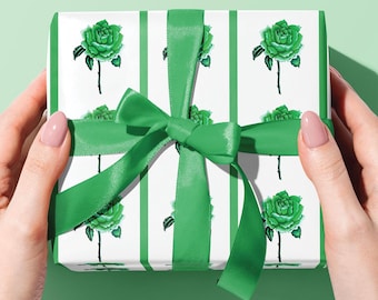 Green Rose Stripe Wrapping Paper {Floral Birthday Gift Wrap, Green Rose Pattern, Floral Party Wrap, Girly Paper}