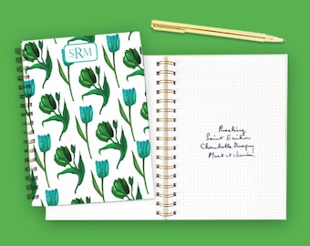 Green and Turquoise Tulip Watercolor Spiral Notebook