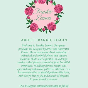 May include: A pink floral wreath with the text "Frankie Lemon" in a white circle. The text "About Frankie Lemon" is below the wreath. The text describes the artist and the products they create. The text also mentions their Instagram handle, @frankielemonshop.
