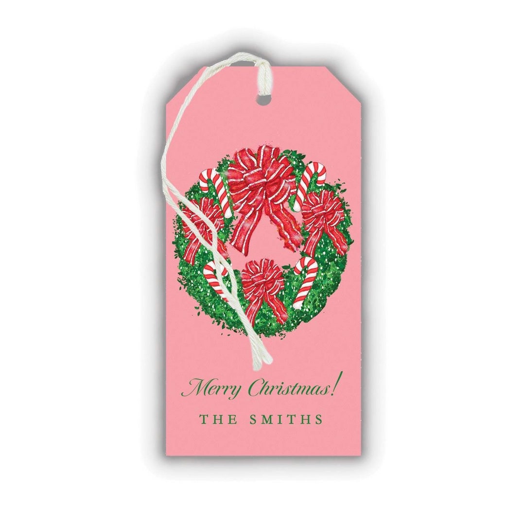 Personalized Christmas Gift Tags: Red Bow Candy Cane Wreath Gift Tag ...