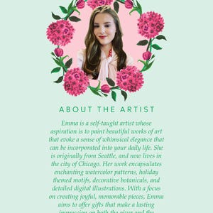 May include: A portrait of a woman with long brown hair, wearing a pink shirt, framed by a wreath of pink flowers. The text "ABOUT THE ARTIST" is at the bottom of the image.