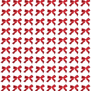 May include: A seamless pattern of red satin bows on a white background.