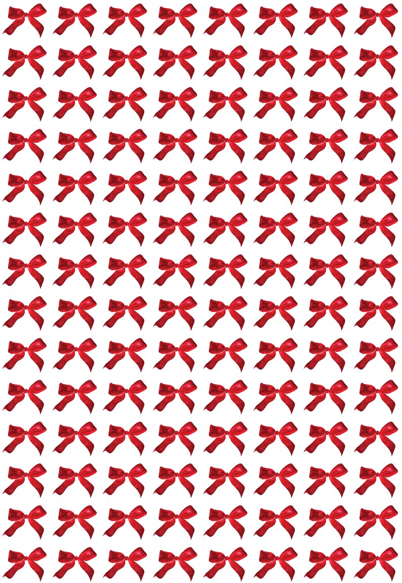 May include: A seamless pattern of red satin bows on a white background.