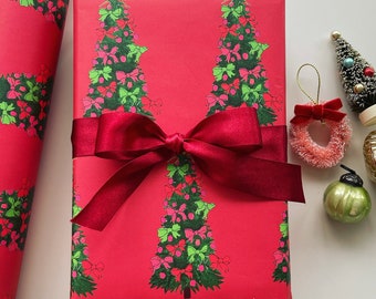 Christmas Trees Wrapping Paper: Red {Tree Wrap, Red Xmas Wrap, Holiday Bow Tree Wrap, Illustration, Gift Wrap, Birthday, Holiday, Christmas}