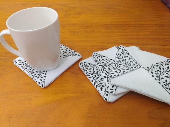 White & Black Floral Fabric Coasters Set of 4 | Mug Mats | Wine Glass Coasters
