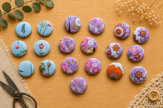 Floral Fabric Covered Buttons 28mm | Handmade Sewing Buttons | Sets of 6 | Pink Purple Blue Flower Buttons | Craft & Sewing Supplies