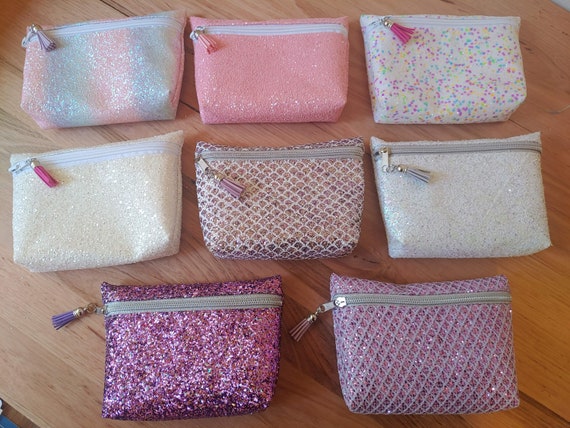 Pink Silver Glitter Zippered Pouch | Zip Purse | Make Up Bag | Sparkly Purse | Rainbow Purse | Sequin Purse | Faux Leather Material