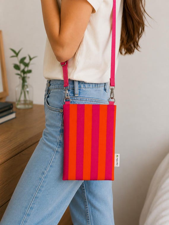 Pink & Orange Crossbody Bag | Handmade Adjustable Shoulder Bag | Small Everyday Purse | Magnetic Snap Closure | Lightweight Travel Bag