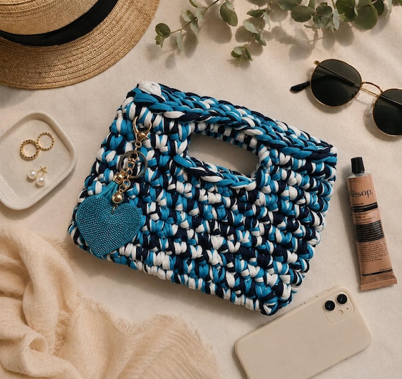 Crochet Clutch Bag | Handbag | Santorini Blue | Reclaimed T Shirt Yarn
