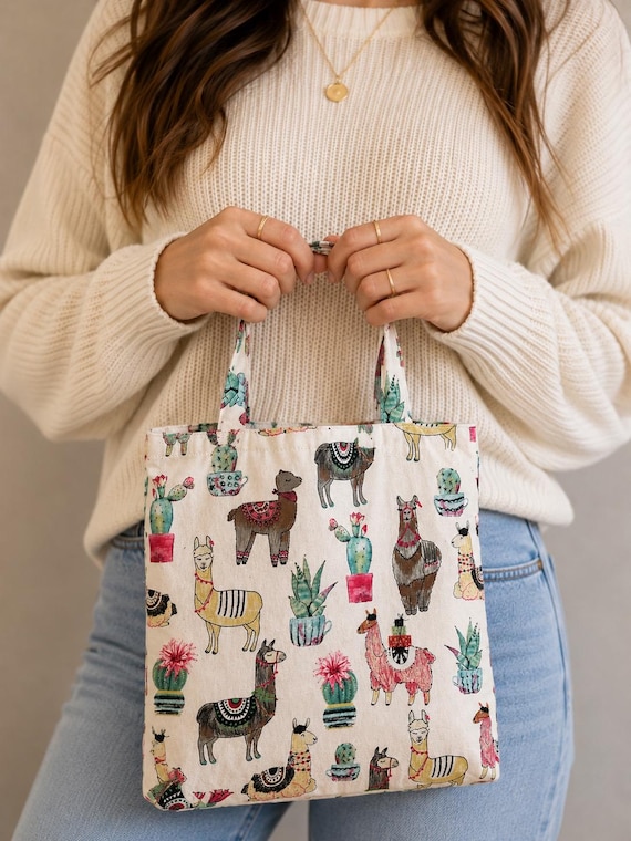 Llama Tote Bag | Handmade Cotton Canvas Tote | Fully Lined Market Bag | Secret Zipper Pocket | Magnetic Closure | Cute Llama Gift Bag