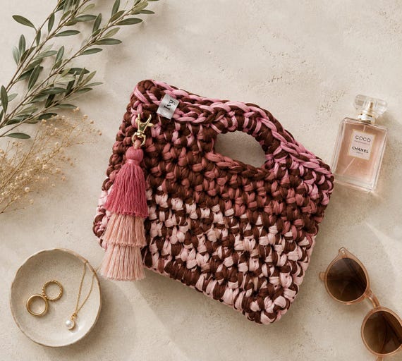 Crochet Clutch Bag | Handbag | Chocolate Strawberry Cream | Reclaimed T Shirt Yarn