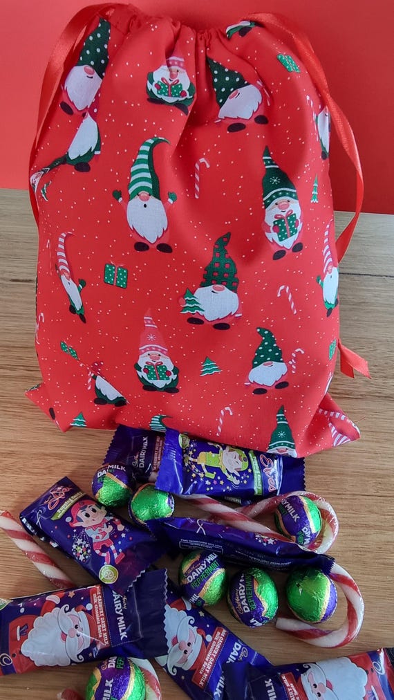 Christmas Gnomes Fabric Drawstring Bag | Eco friendly Fabric Bag | Gift Bag | Reusable Bag | Gift Wrap | Wrapping Paper | Fully Lined