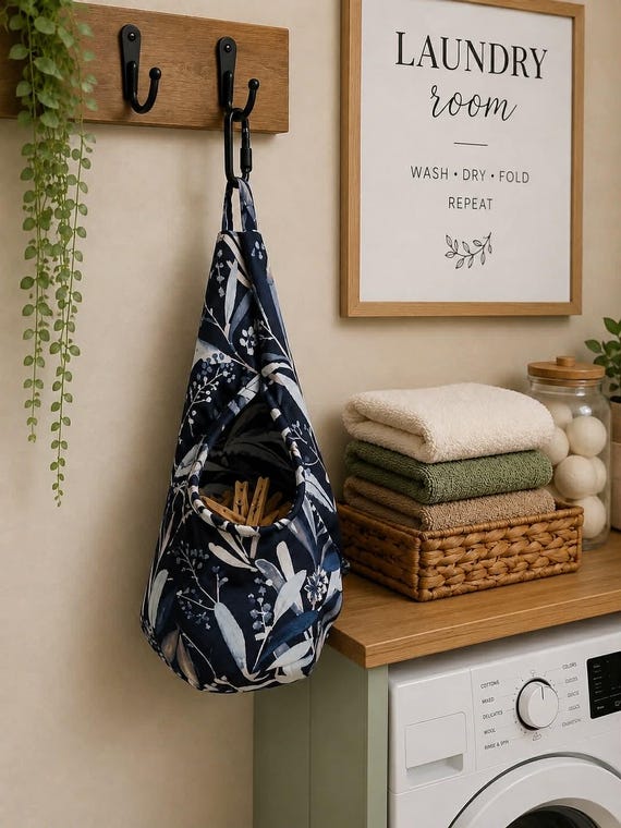 Waterproof Swedish Peg Bag – Blue Floral Laundry Holder with Carabiner