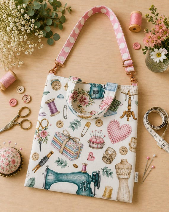 Vintage Sewing Tote Bag | Cotton Canvas Shoulder Bag | Adjustable Strap Crossbody | Craft Lover Gift | Magnetic Closure