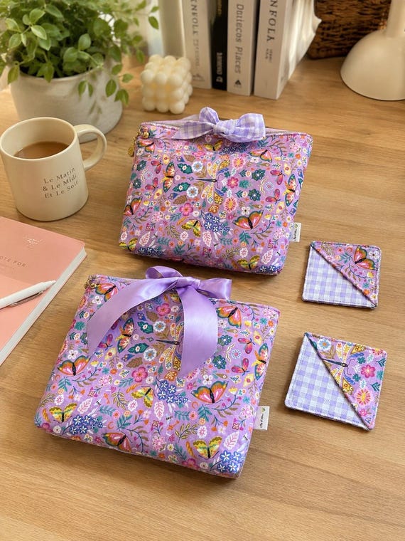 Lavender Butterfly Book Sleeve with Bow Closure | Matching Corner Bookmark | Book Protector | Handmade Book Cover | Kindle Sleeve