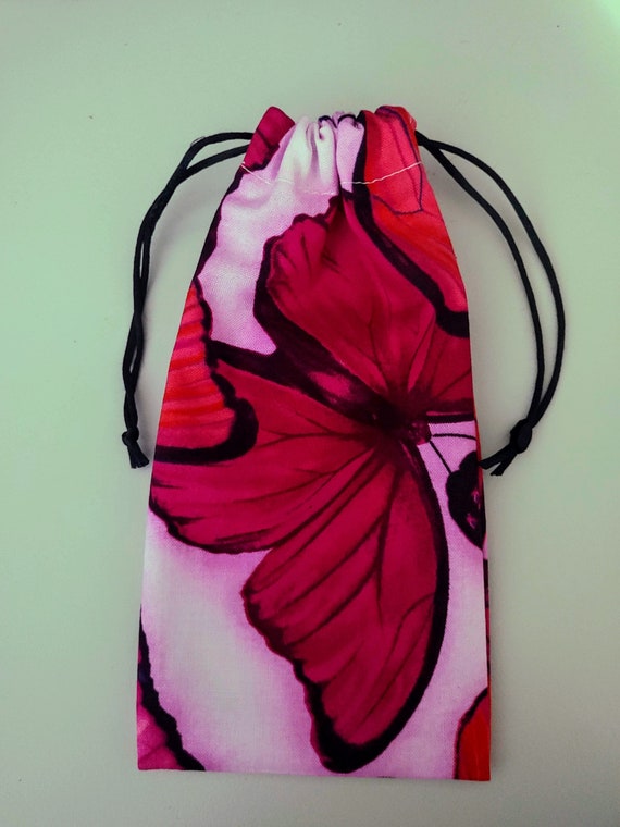 Pink Butterflies Drawstring Bag, Eco friendly Fabric Bag, Gift Bag, Reusable Bag