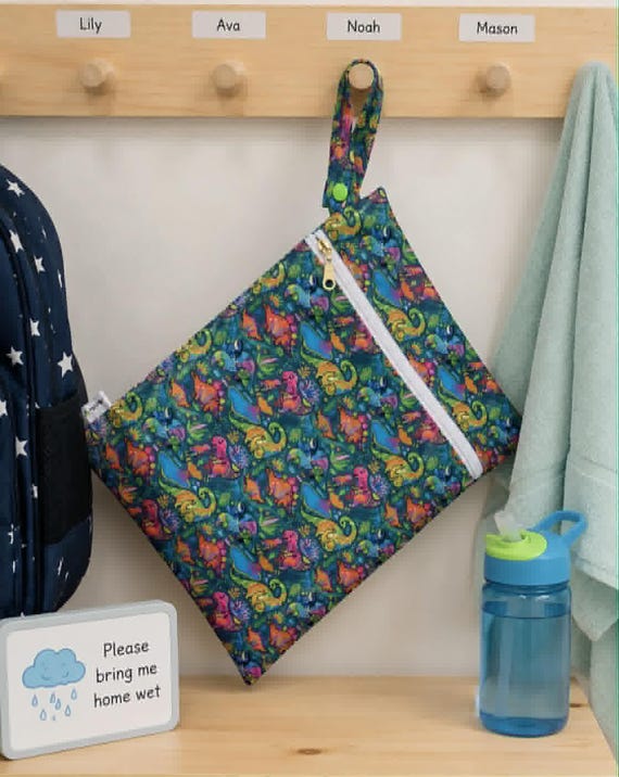 Waterproof Wet Bag | Swim Bag | Nappy Bag | Fluro Dino Wet Bag | 26cm x 32cm