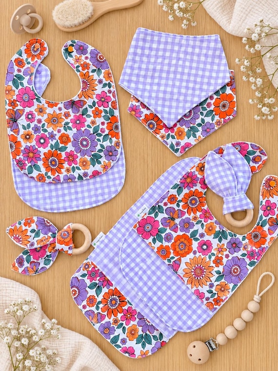 Floral & Lilac Gingham Baby Bibs | Baby Wooden Beech Teethers | Bandana Bib | Feeding Bib | Baby Shower Gift | Australian Made