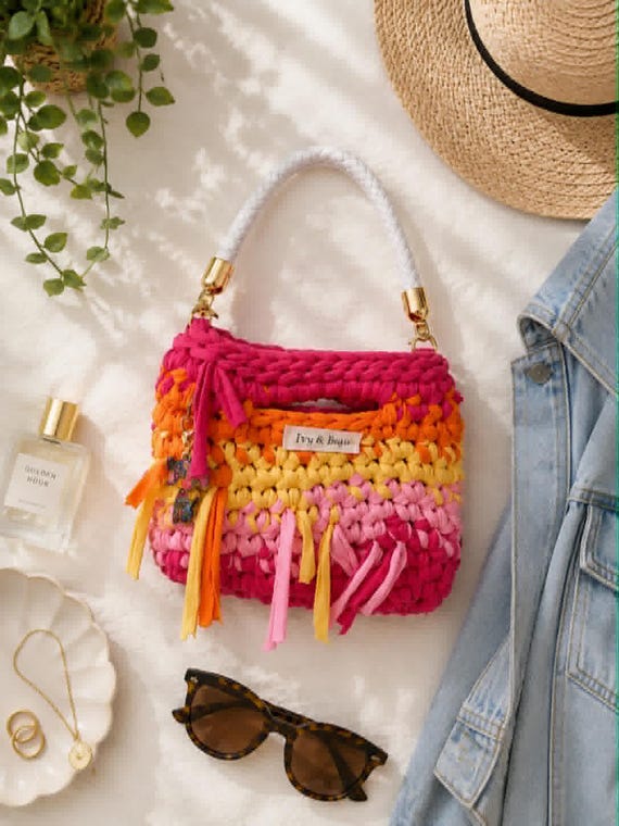 Crochet Mini Clutch Bag | Handbag | Sunset Lush | Reclaimed T Shirt Yarn