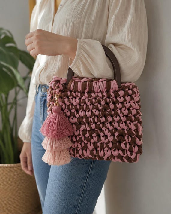 Crochet HandBag | Solid handles | Candy Pink & Chocolate | Reclaimed T Shirt Yarn
