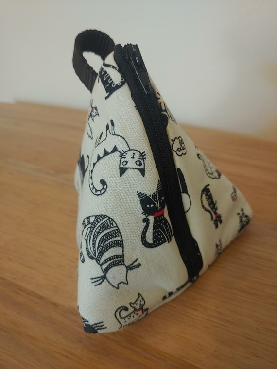 Cat Pyramid Purse Zippered Pouch | Fabric Bag | Triangle Purse | Menstrual Cup Holder |  Fully Lined