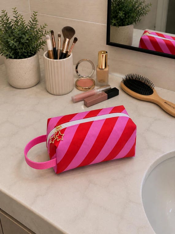 Striped Boxed Toiletry Bag | Pink Red Makeup Bag | Quilted Cosmetic Case | Handmade Travel Organizer