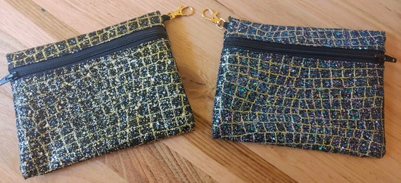 Black & Gold Glitter Zippered Pouch | Zip Purse | Make Up Bag | Sparkly Purse | Sequin Purse | Faux Leather Material