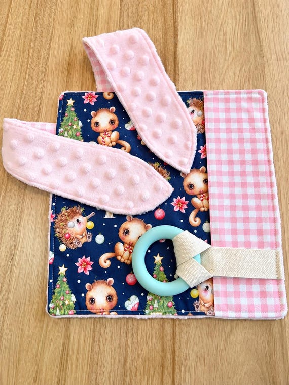 Baby Lovey Security Blanket with Silicone Teething Ring | 24cm Comforter | Pink Gingham Bunny Ears | Minky Baby Gift