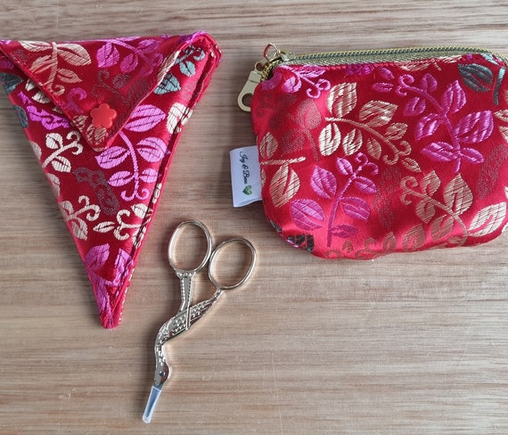 Red Gold Pink Satin Brocade Scissor Pouch | Coin Purse | Scissors included