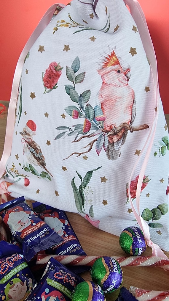 Christmas Australiana Fabric Drawstring Bag | Eco friendly Fabric Bag | Gift Bag | Reusable Bag | Gift Wrap | Wrapping Paper | Fully Lined