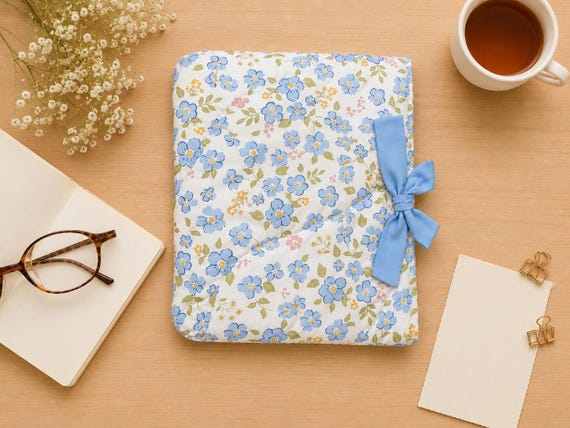 Blue Floral Book Sleeve | Padded Book Pouch | Bow Closure | Book Protector | Book Lover Gift