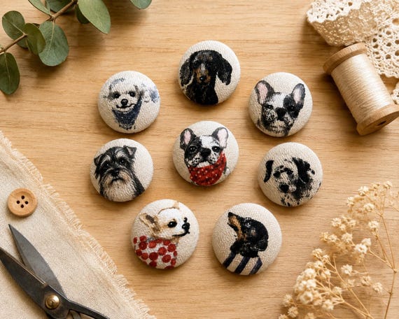 Dog Fabric Covered Buttons Set of 8 – 22mm Handmade Buttons – Cute Puppy Sewing Buttons – Pet Lover Craft Embellishments