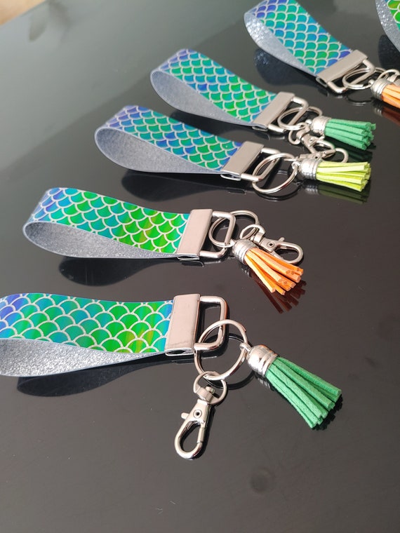 Mermaid Silver Glitter Key Ring Fob | Keychain | Child Wristlet | Faux Leather Material | Clasp | Tassel