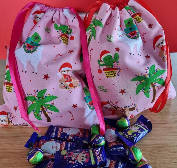 Christmas Llama & Sloth Fabric Drawstring Bag | Eco friendly Fabric Bag | Gift Bag | Reusable Bag | Gift Wrap | Wrapping Paper | Fully Lined