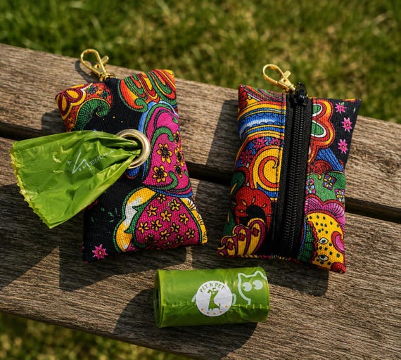 Boho Floral Dog Waste Bag Dispenser | Poop Bag Holder | Doggie Pouch | Heavy Duty Cotton Twill | Includes 1 Roll of Eco Friendly Bags