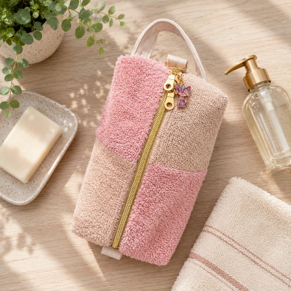 Pink Patchwork Toiletry Bag | Repurposed Terry Towelling Makeup Bag | Eco Friendly Cosmetic Case | Velvet Lined Travel Pouch