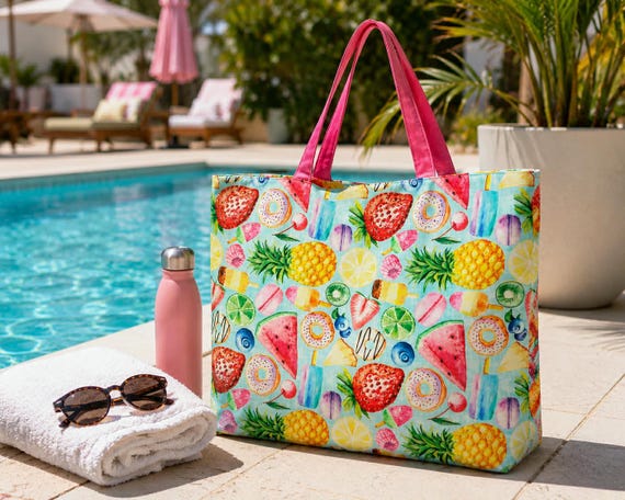 Lined Tote Shopping Shoulder Bag | Pink Tropical Fruit Design | Fully Lined | Padded