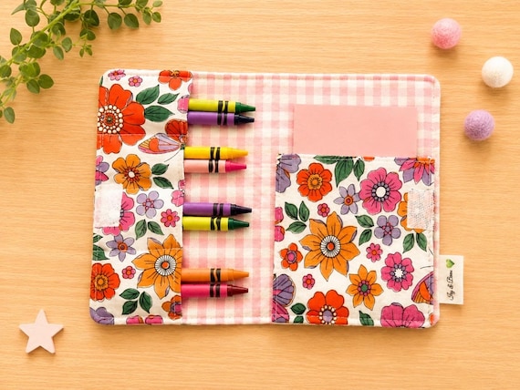 Retro Floral Pink Gingham Mini Crayon & Notepad Art Portfolio | Kids Colouring Wallet | Travel Activity Case | Includes Crayons and Notepad