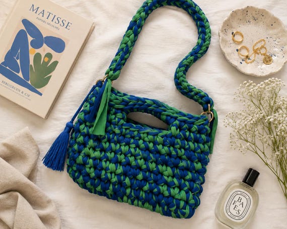 Crochet Shoulder Clutch Bag | Handbag | Oceanic Tides | Reclaimed T Shirt Yarn