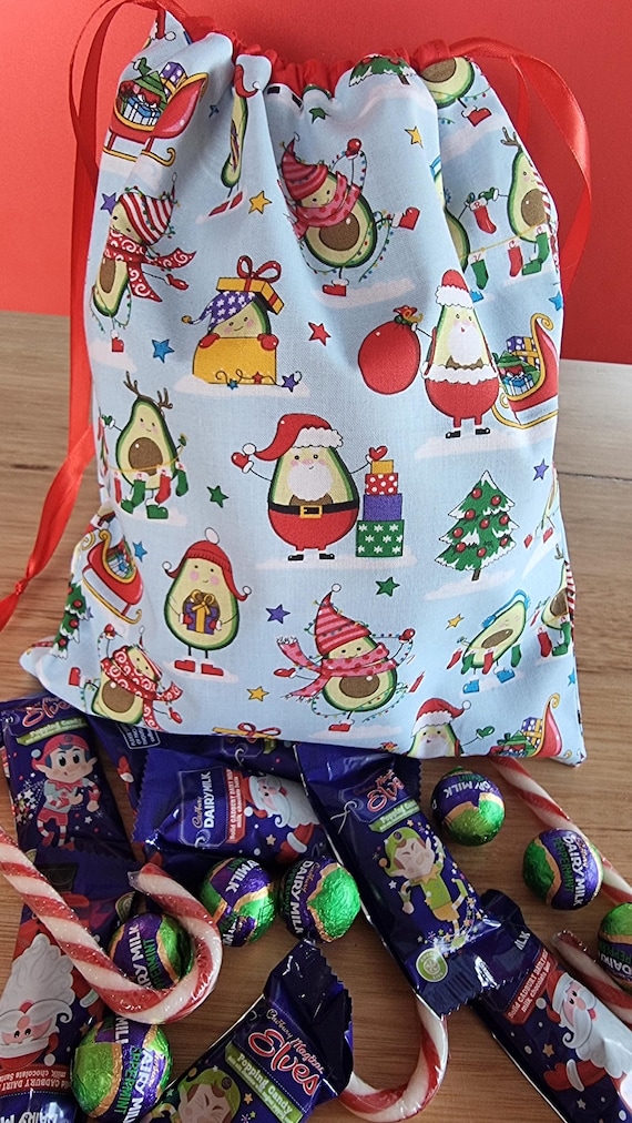 Christmas Avocado Fabric Drawstring Bag | Eco friendly Fabric Bag | Gift Bag | Reusable Bag | Gift Wrap | Wrapping Paper | Fully Lined
